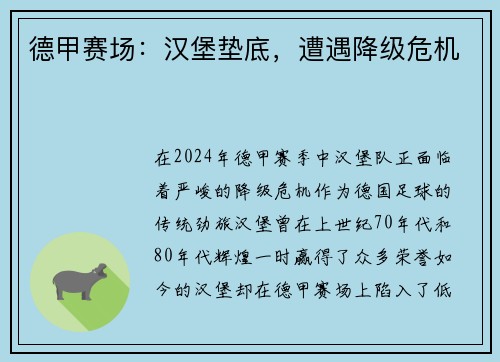 德甲赛场：汉堡垫底，遭遇降级危机