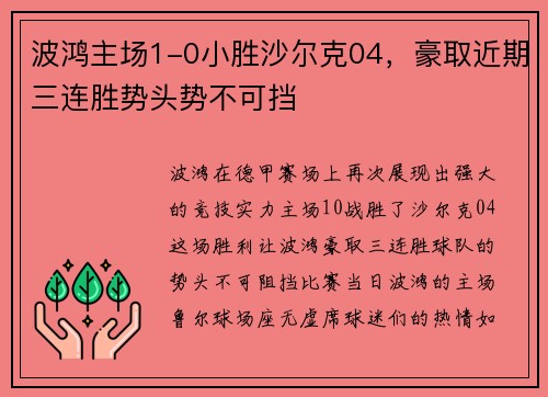 波鸿主场1-0小胜沙尔克04，豪取近期三连胜势头势不可挡