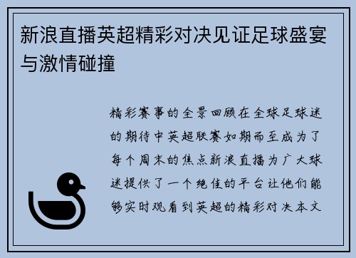 新浪直播英超精彩对决见证足球盛宴与激情碰撞