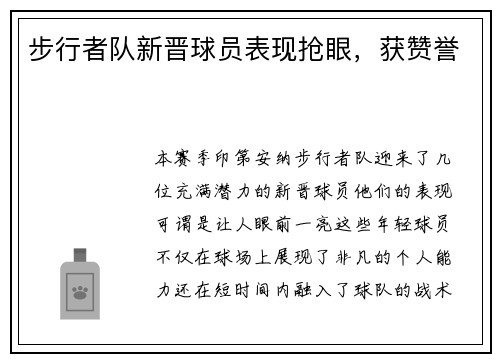 步行者队新晋球员表现抢眼，获赞誉