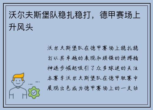 沃尔夫斯堡队稳扎稳打，德甲赛场上升风头