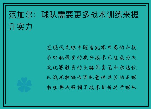 范加尔：球队需要更多战术训练来提升实力